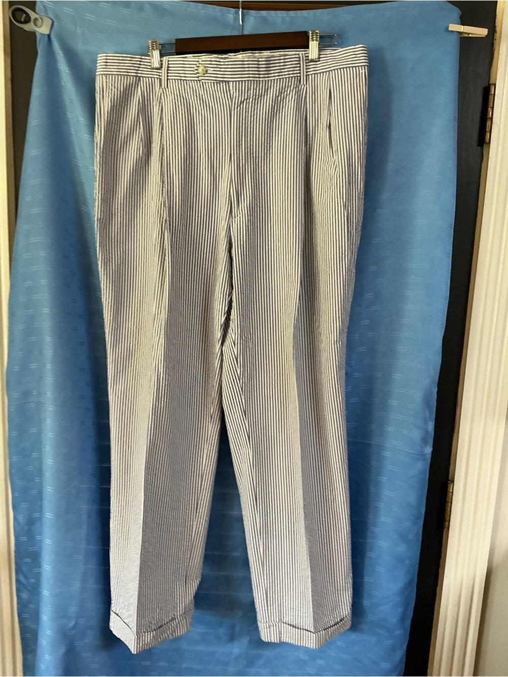 Berle Blue and White Pinstripe sear suckers Pants